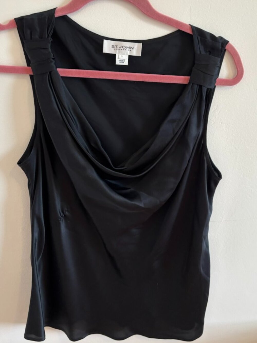 St. John Collection black satin cowl neck sleeveless blouse